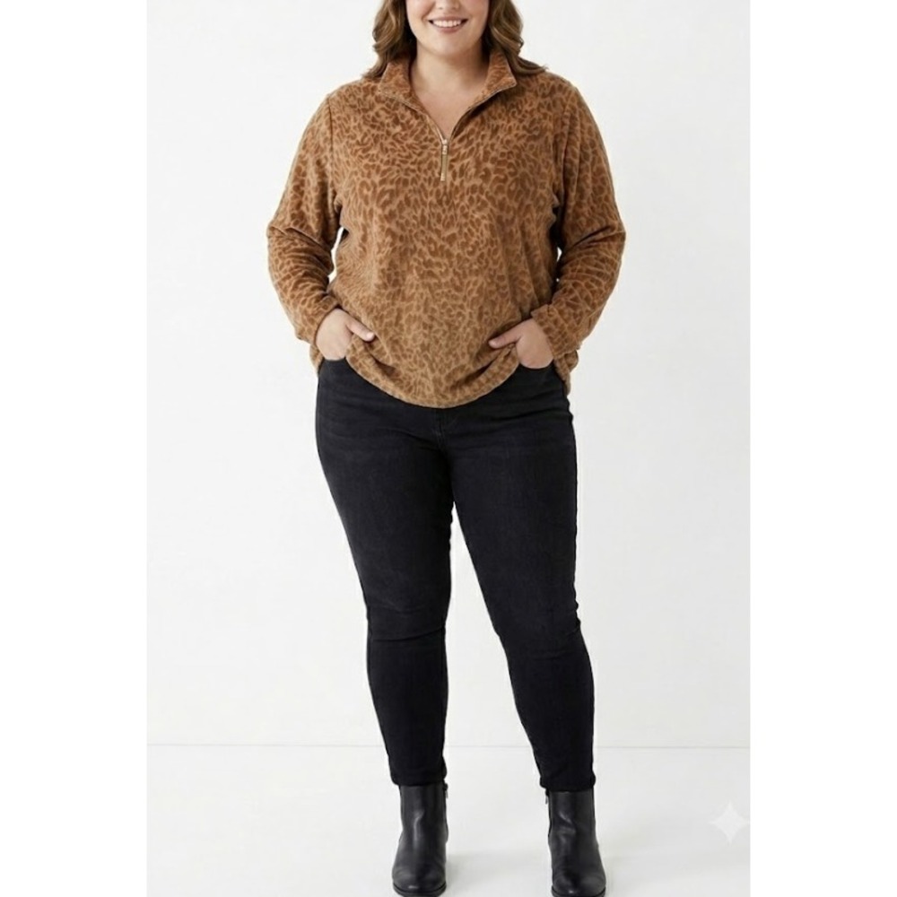 Susan Graver Weekend Burnout Jacquard Knit‎ Half-Zip Top Taupe Brown Size 1X